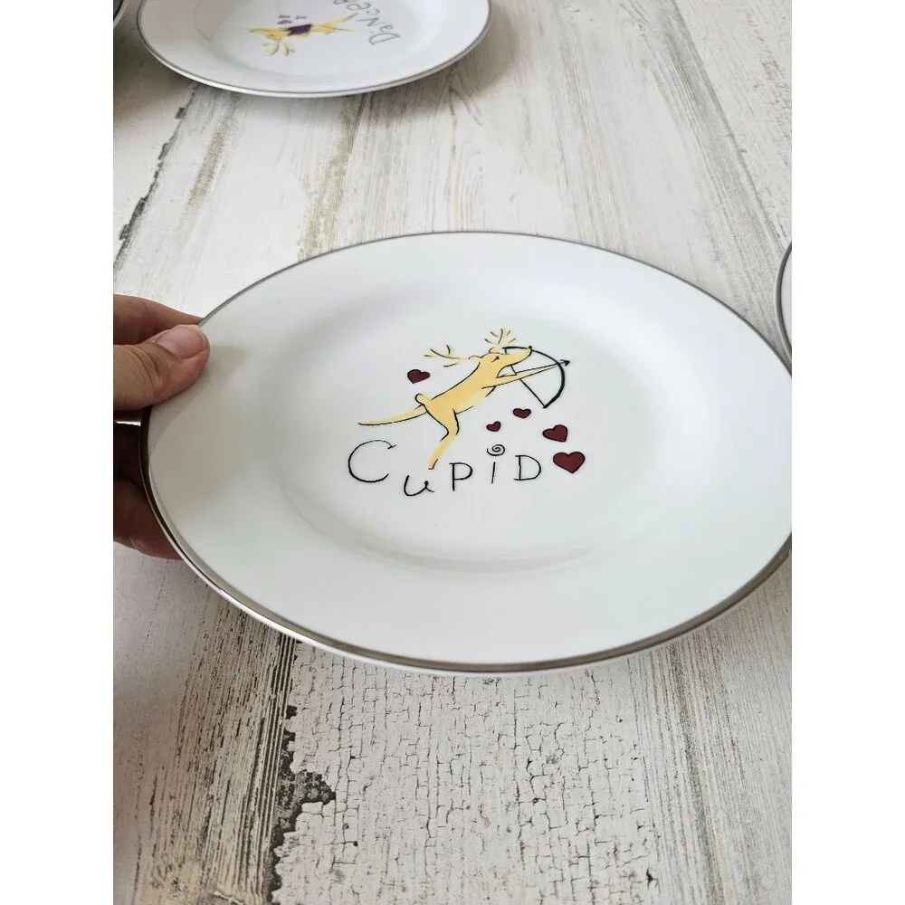 Pottery Barn‎ cupid reindeer salad plate Xmas bow 8.5